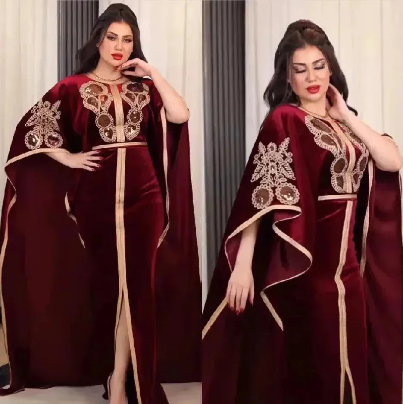 Embroidered Turkish Sequined Gold Velvet Dubai Middle East Women Dress Tunics Sale discount