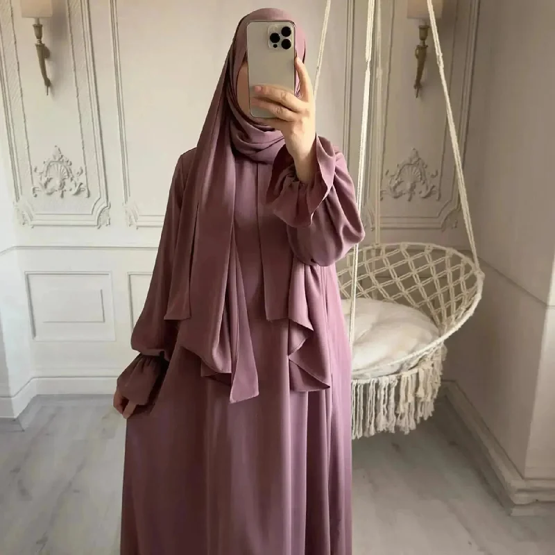 Dubai Turkey Solid Color Small Horn Sleeve Dress Elegant Long Evening