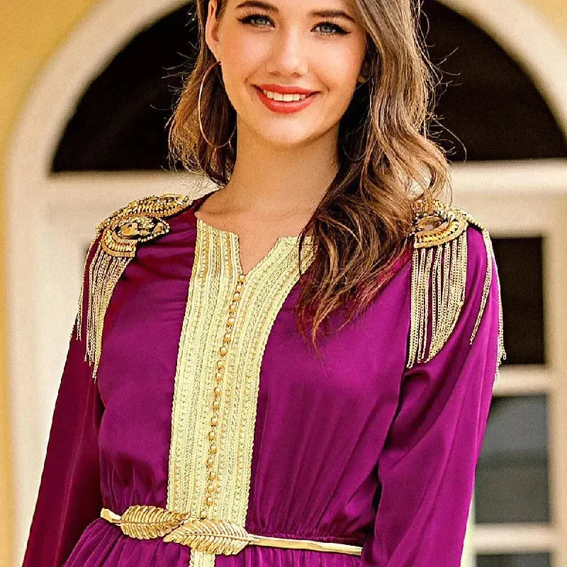Embroidered Woven Satin Dress With Beads And Tassels Epaulettes for Turkey Dubai Middle East Women Abaya Dress Tunics Practical durable Embroidered Woven Satin Dress With Beads And Tassels Epaulettes for Turkey Dubai Middle East Women Abaya Dress Tunics Practical durable