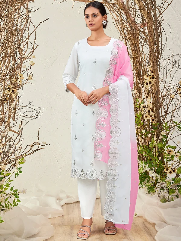 Women White Straight Embroidered Kurta Trousers With Dupatta Set Trousers trendy modern Women White Straight Embroidered Kurta Trousers With Dupatta Set Trousers trendy modern