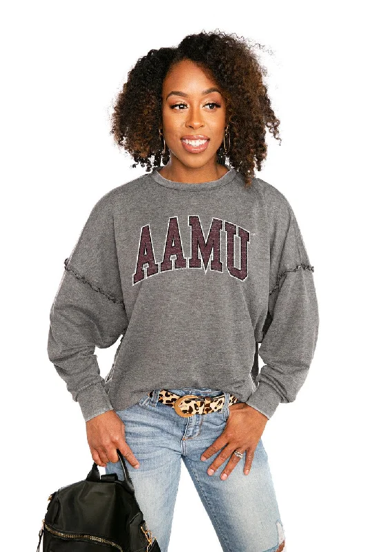 ALABAMA A&M BULLDOGS "BASICALLY PERFECT" RUFFLE DETAIL ACID-WASH PULLOVER Crew Neck Wool