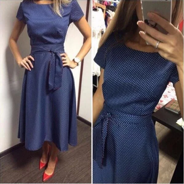 Casual A-Line Dot Women Popular Dress Short Sleeve O-Neck Knee-Length Dress Summer Style Sashes Clothes Plus size