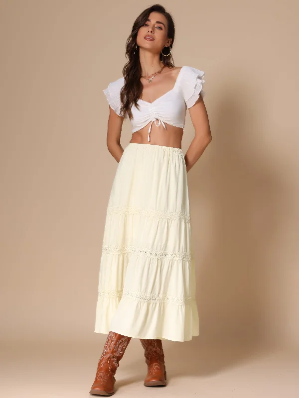 Lace Trim Tiered Elastic High Waist Maxi Skirt flowy skirt hem