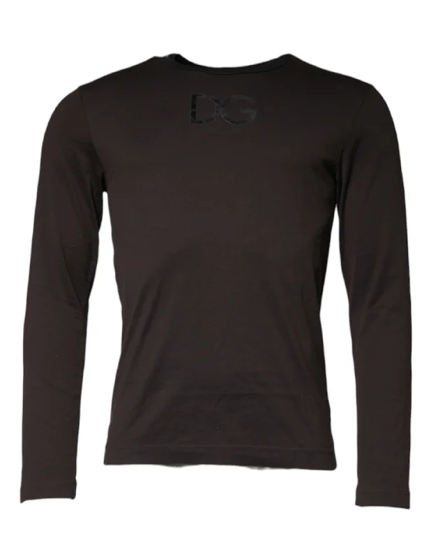 Brown Logo Cotton Crew Neck Pullover Sweater Lantern Sleeve Elegant