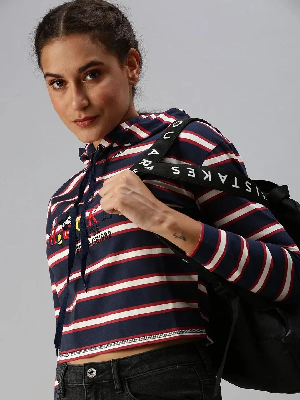 Women's Blue Striped Crop Pullover Sweatshirt-AF-1775-Navyblue Wrist Length Sleeve