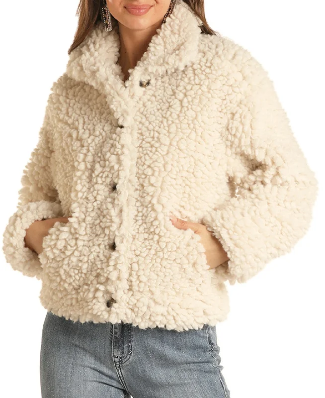 Rock & Roll Cowgirl Women's Sherpa Buttoned Jacket Natural A-Line Jacket Boat Neck Shawl Collar Rock & Roll Cowgirl Women's Sherpa Buttoned Jacket Natural A-Line Jacket Boat Neck Shawl Collar