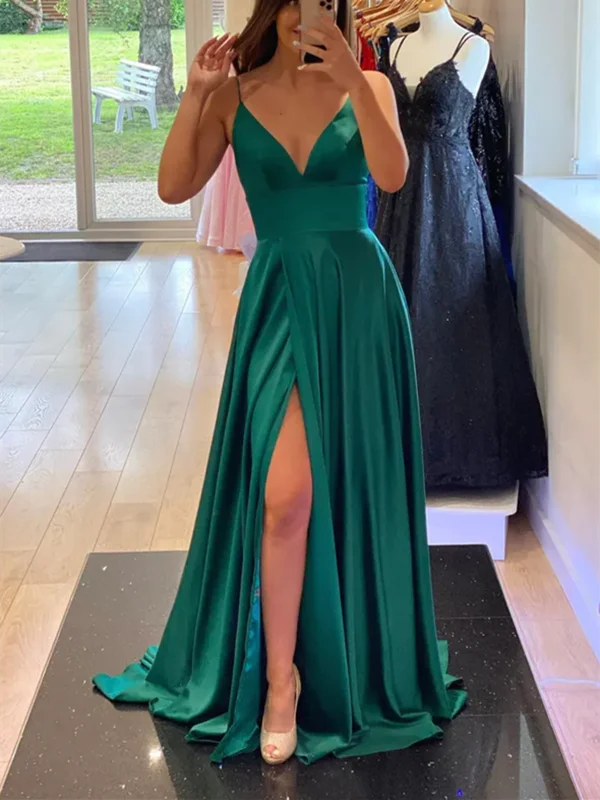 A Line V Neck Green Satin Long Prom Dresses, A Line V Neck Green Satin Long Formal Evening Dresses Tunics Polka dots A Line V Neck Green Satin Long Prom Dresses, A Line V Neck Green Satin Long Formal Evening Dresses Tunics Polka dots