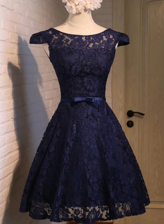 Beautiful Lace Navy Blue Short Party Dress, Lace Bridesmaid Dress Tunics Chic elegant