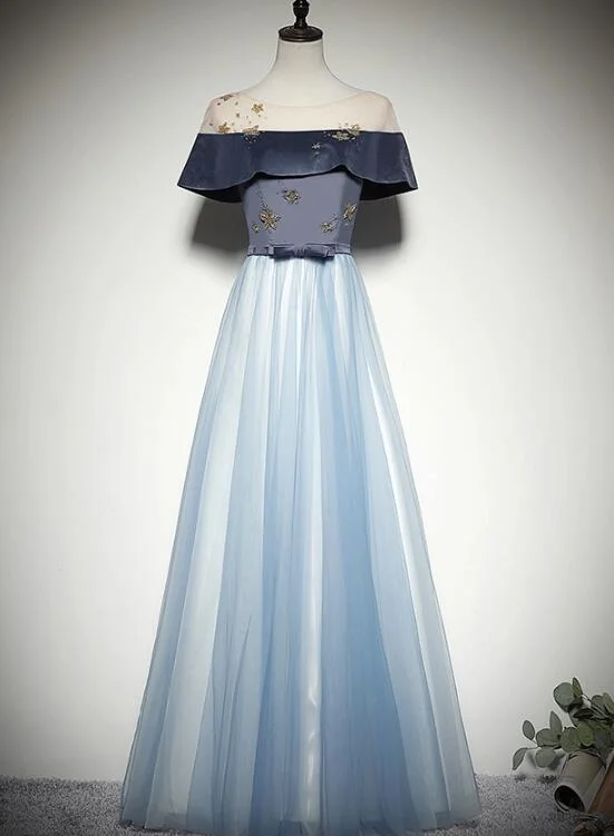 Beautiful Light Blue Tulle with Velvet Long Party Dress, Prom Dress Glittery Long Formal