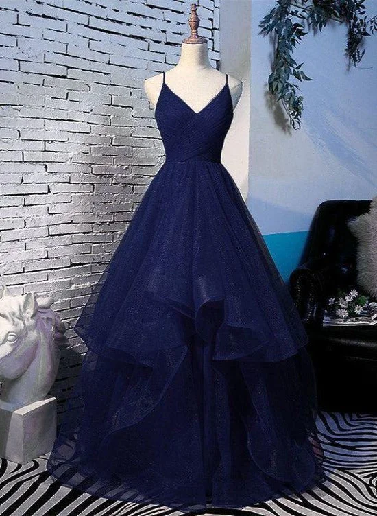 Beautiful Navy Blue Tulle V-neckline Straps Long Party Dress, Blue Formal Gown Tunics Summer linen Beautiful Navy Blue Tulle V-neckline Straps Long Party Dress, Blue Formal Gown Tunics Summer linen