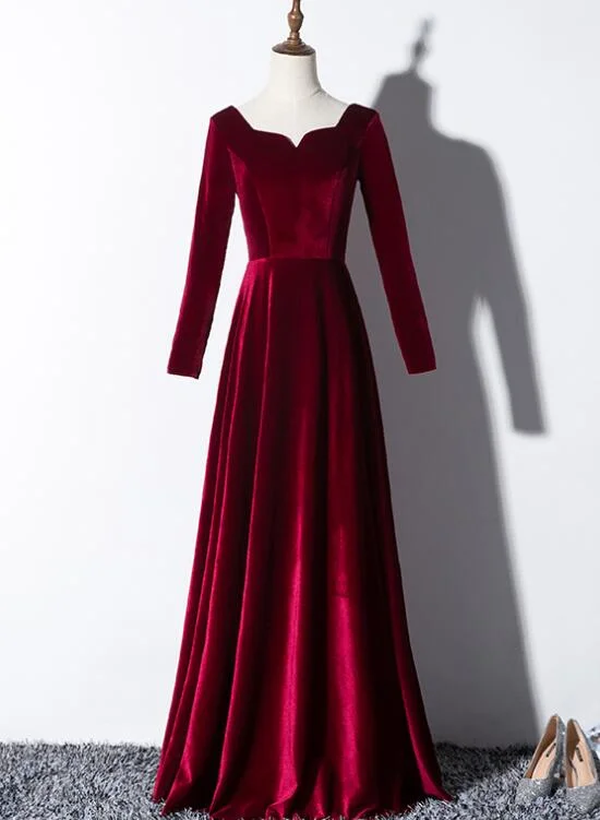 Beautiful Wine Red Velvet Long Sleeves Party Dress, Long Prom Dress Satin Halter Glamorous
