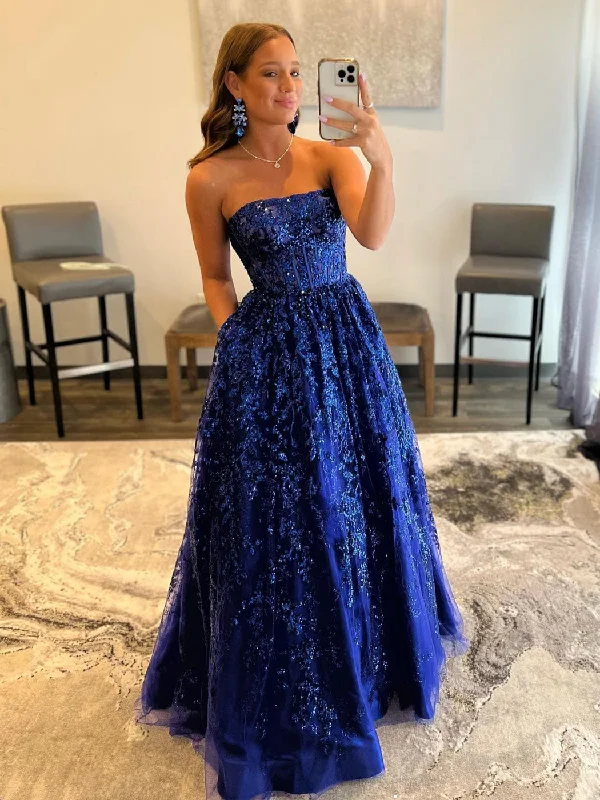 Blue A line tulle sequin long prom dress, blue tulle evening dress Peplum Ruffle Cocktail