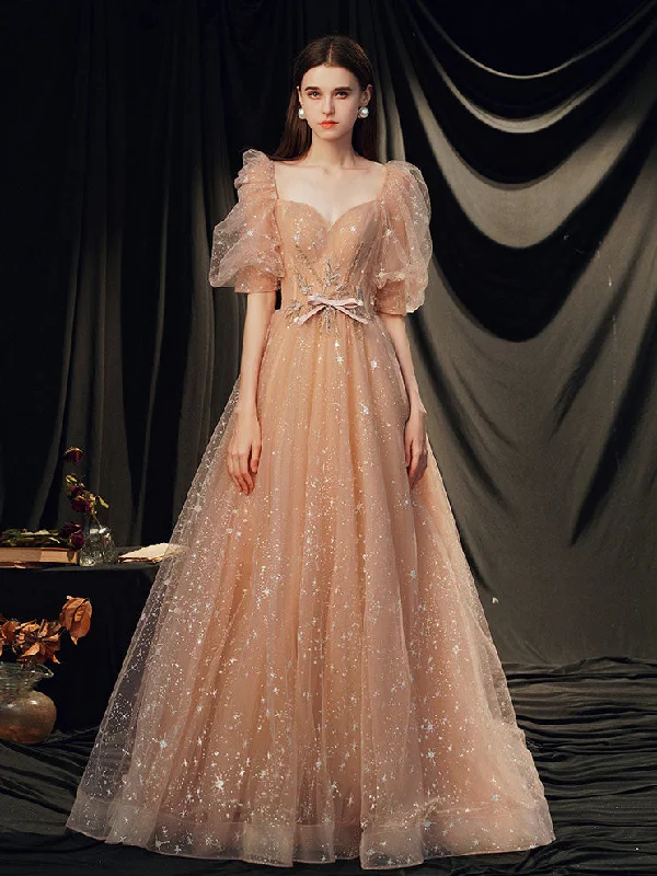 Champagne A-line Tulle Long Prom Dress Champagne Evening Dress Boat Neckline Classic Champagne A-line Tulle Long Prom Dress Champagne Evening Dress Boat Neckline Classic