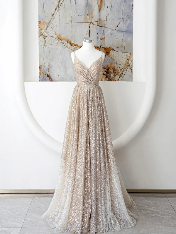 Champagne Spaghetti Strap Sequins Long Prom Dress, V Neck Champagne Shiny Formal Evening Dress Tunics Cozy soft Champagne Spaghetti Strap Sequins Long Prom Dress, V Neck Champagne Shiny Formal Evening Dress Tunics Cozy soft