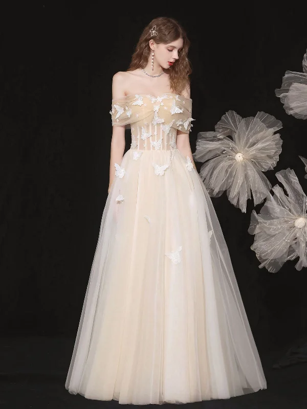 Champagne Tulle Lace Applique Long Prom Dress, Tulle Lace Evening Dress Tunics Vintage classic