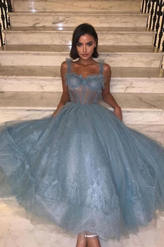 Gray blue tulle lace prom dress tulle lace evening dress Off-the-shoulder Chic Trendy