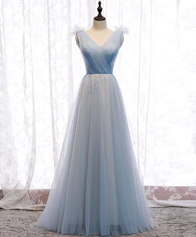 Simple Blue V Neck Tulle Long Prom Dress, Blue Formal Party Dresses Halter Neckline Beach