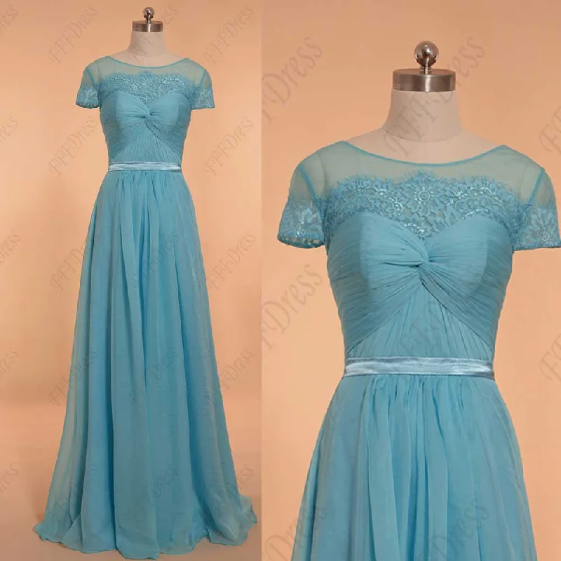 Sky blue prom dresses with sleeves evening dresses Tunics Mesh breathable