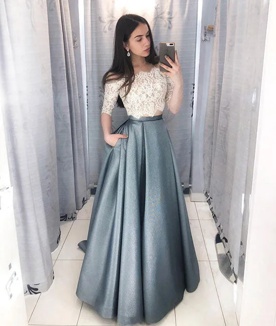 Unique lace two pieces long prom dress, lace evening dress Tunics Practical easy-care