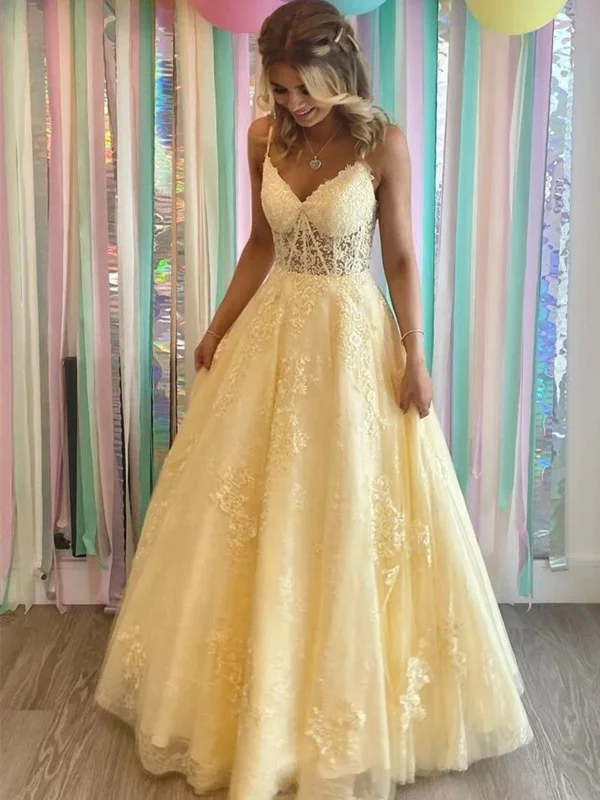 V Neck Yellow Lace Tulle Long Prom Dresses, Yellow Lace Formal Evening Dresses Tunics Top Casual V Neck Yellow Lace Tulle Long Prom Dresses, Yellow Lace Formal Evening Dresses Tunics Top Casual