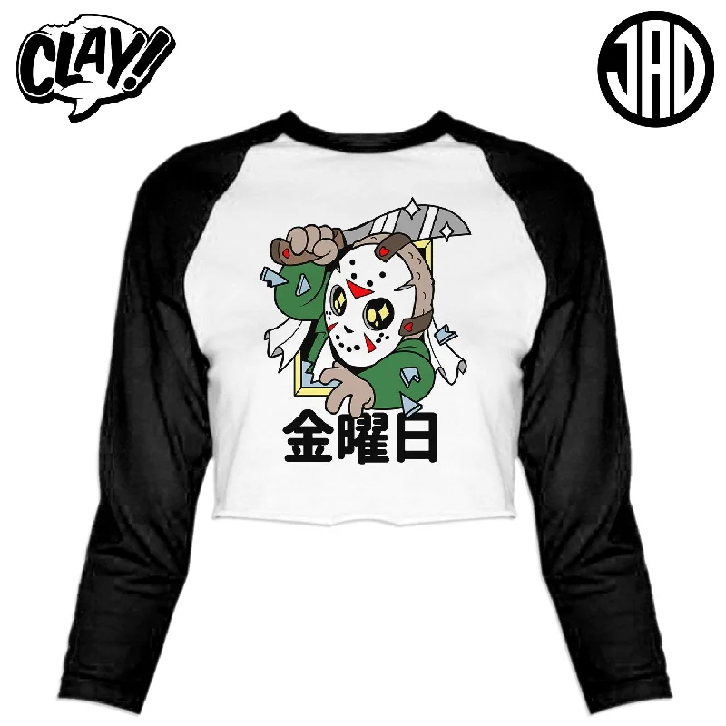 Camp Killer Jason - Women's Cropped Baseball Tee Mesh Fabric Canvas Fabric Denim Fabric
