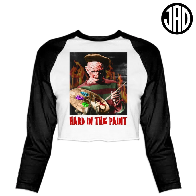 Hard In The Paint - Women's Cropped Baseball Tee Notch Collar Peter Pan Collar Cowl Neck