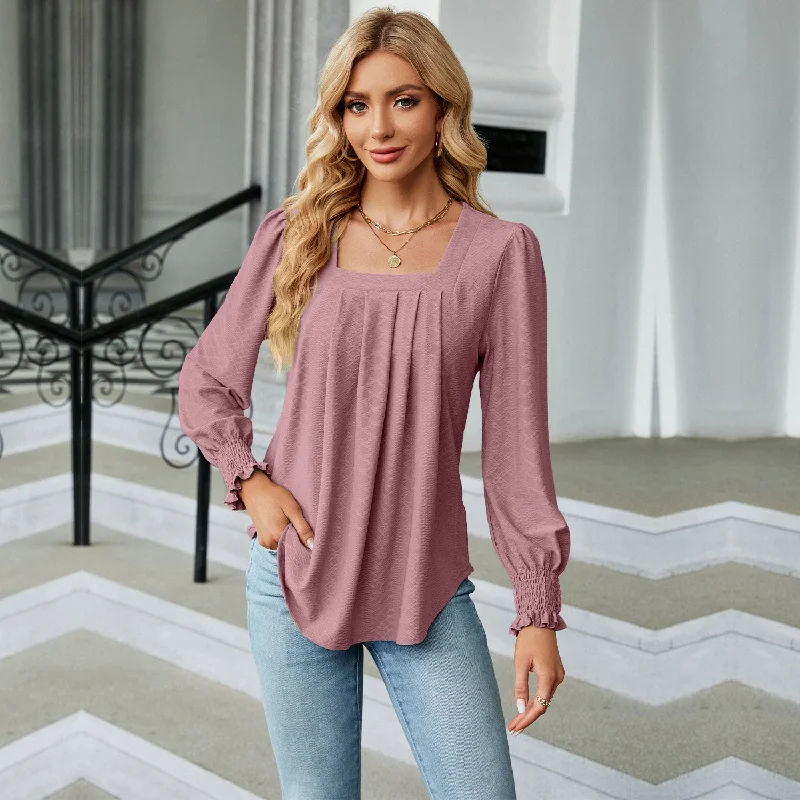 Jacquard Pleated Square Collar Long Sleeve Swallowtail Solid Color T-shirt For Women Houndstooth Herringbone Solid Jacquard Pleated Square Collar Long Sleeve Swallowtail Solid Color T-shirt For Women Houndstooth Herringbone Solid