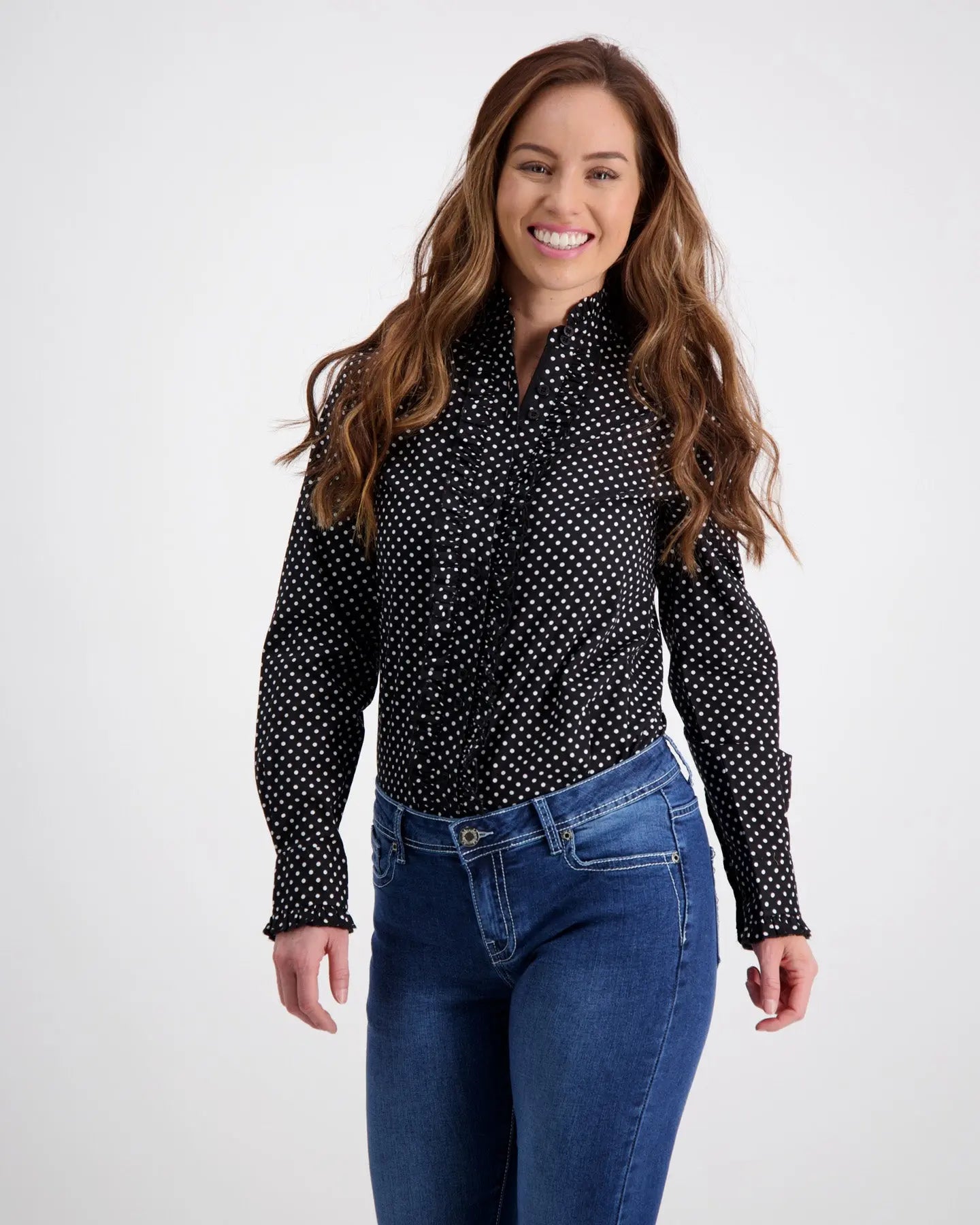 LADIES OUTBACK FRILL SPOT L/S SHIRT Ribbed T-Shirt High Neck Heavyweight